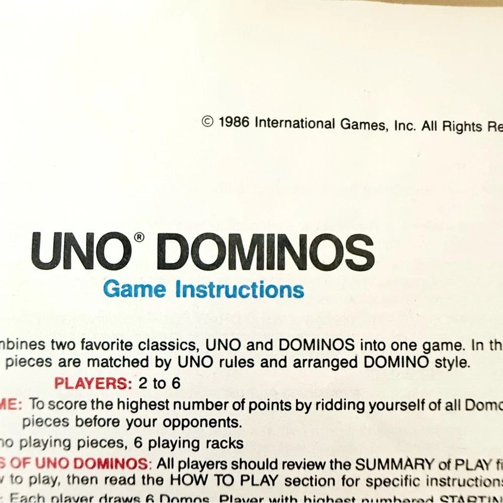 Vintage 1986 UNO Dominos Game Set, Racks, Instructions, Made in Taiwan - Picture 5 of 7